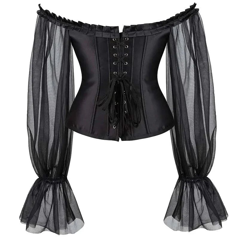 House Of Dasein Ruffled Gothic Corselet Top With Puff Sleeves And Lace-Up Boning Transparent Satin Overbust Corset For Women 4Xl - S