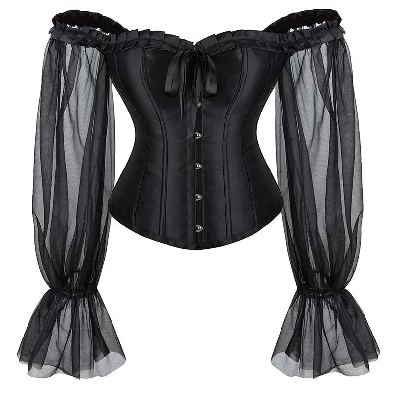 House Of Dasein Ruffled Gothic Corselet Top With Puff Sleeves And Lace-Up Boning Transparent Satin Overbust Corset For Women 4Xl - Xxxl
