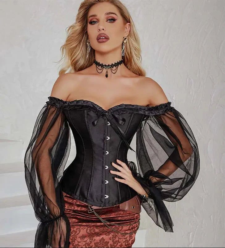House Of Dasein Ruffled Gothic Corselet Top With Puff Sleeves And Lace-Up Boning Transparent Satin Overbust Corset For Women 4Xl - Xxl