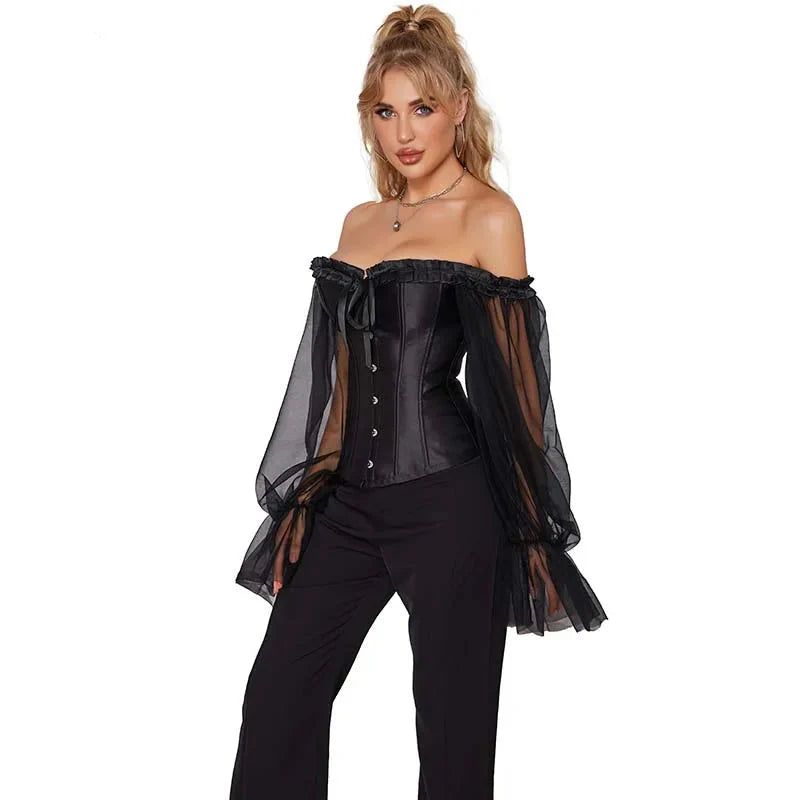 House Of Dasein Ruffled Gothic Corselet Top With Puff Sleeves And Lace-Up Boning Transparent Satin Overbust Corset For Women 4Xl - Xxl