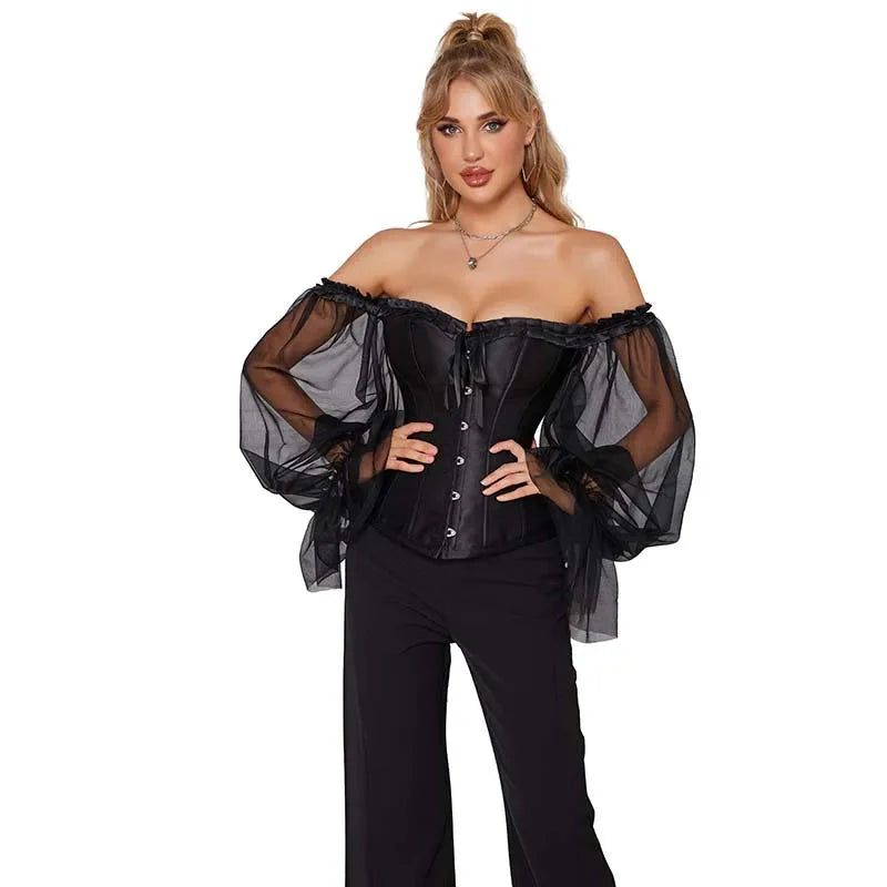 House Of Dasein Ruffled Gothic Corselet Top With Puff Sleeves And Lace-Up Boning Transparent Satin Overbust Corset For Women 4Xl - Xs