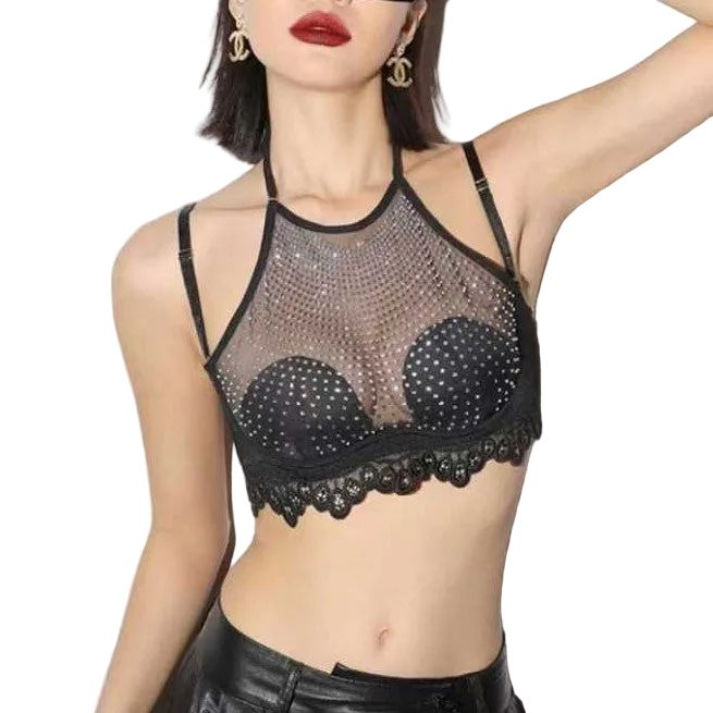 House Of Dasein Summer Thin Strapless Backless Small Chest Gathering Bra Rhinestone Mesh Minimizing Pure Desire Girl - Black - S