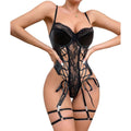 Lingerie Bodysuit With Pu Leather And Lace Trim Push-Up Bra Fitted Underwear For Nightclub - Black - M
