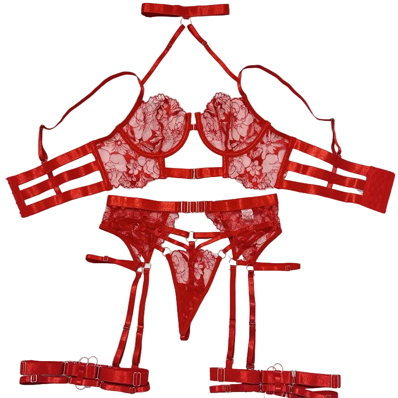 House Of Dasein Sexy Cross-Strap Embroidered Sheer Mesh Splicing Lingerie Set For Women - Red - M