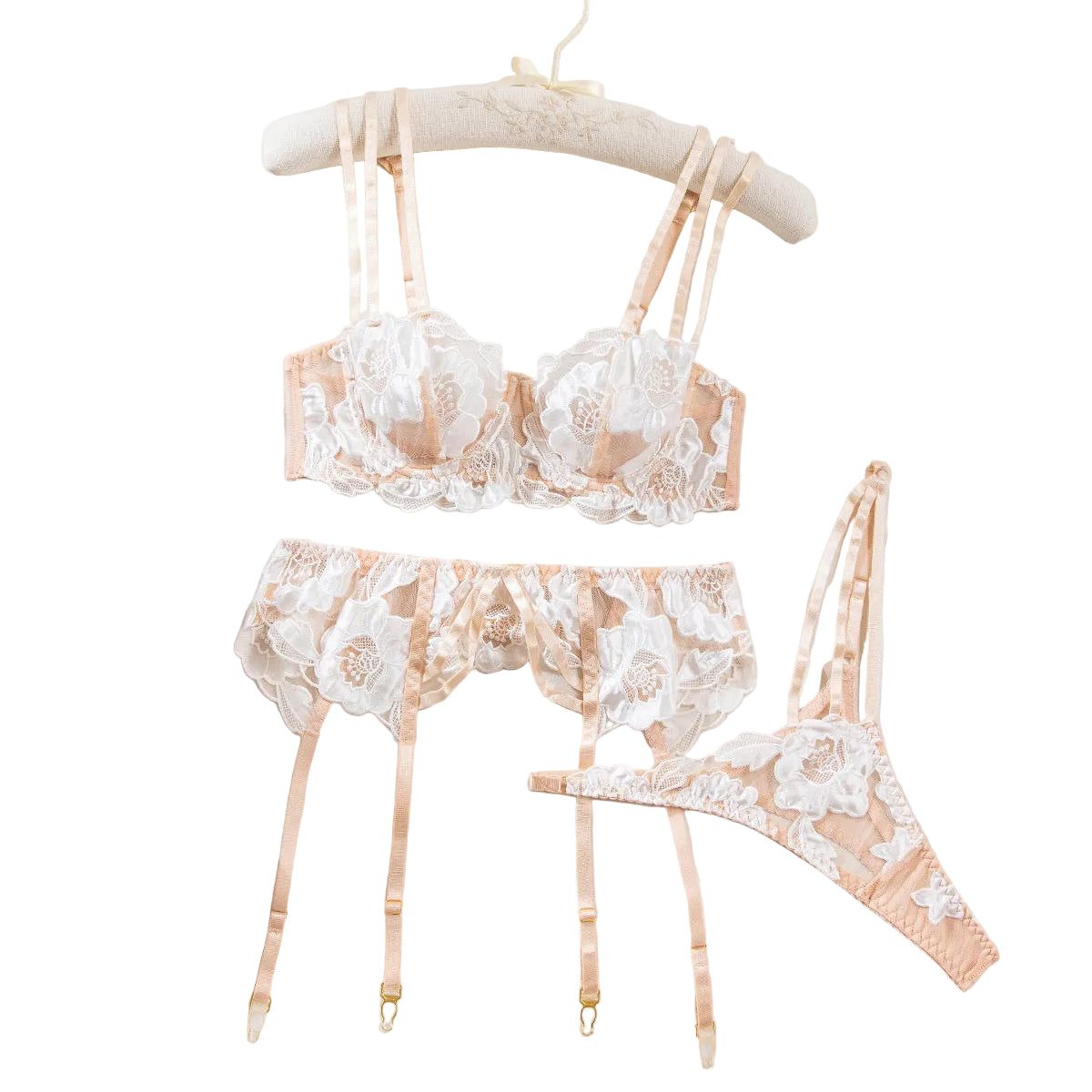 Sexy Floral Embroidered Bra Set - Hollow Out Transparent Lingerie For Women - White - Xl