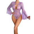 House Of Dasein Seductive Transparent Jumpsuit With Flare Sleeves And Lace Pajamas Deep V Hollow Out Erotic Underwear - Lavender Purple - S