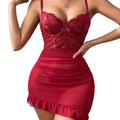 House Of Dasein Lingerie With Lace Splicing And Strap Temptation Net Underwear Ruffle Skirt - Wine Red - L