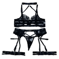 House Of Dasein Sexy Cross-Strap Embroidered Sheer Mesh Splicing Lingerie Set For Women - Black - L
