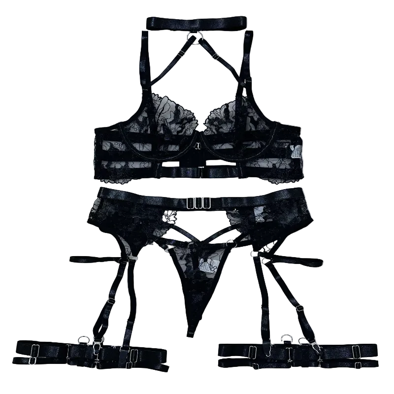 House Of Dasein Sexy Cross-Strap Embroidered Sheer Mesh Splicing Lingerie Set For Women - Black - L