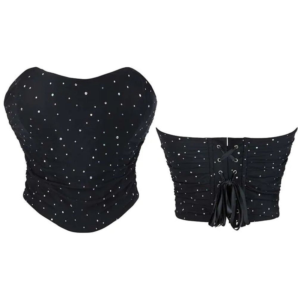 House Of Dasein Black Ruched Hem Corset Crop Top For Plus Size Women Back Lace Tight Fit Sequined Detailing Xxl Medium