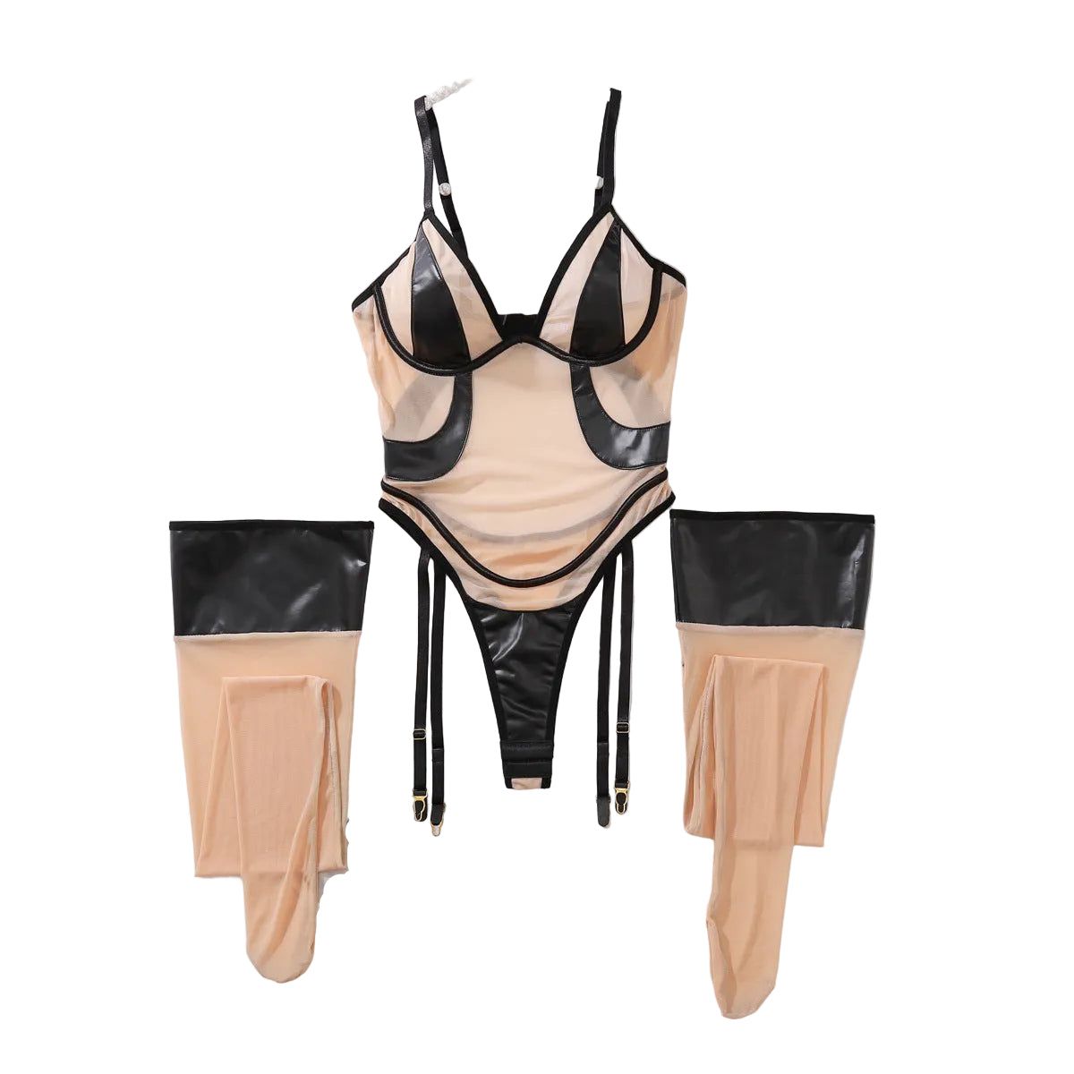 Mesh Pu Leather Patchwork Jumpsuit Leg Socks Ultra Thin Non Removable Lingerie Set - Black Skin Color - S
