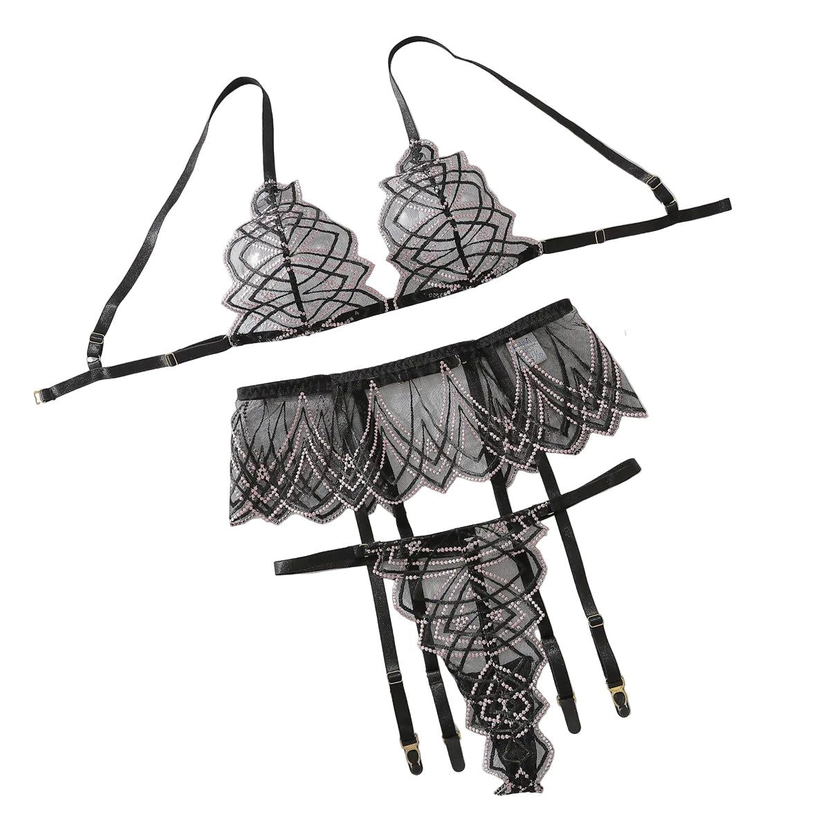 House Of Dasein Mesh Perspective Slimming Bra Set Sexy Underwear 3 Piece - Black - L