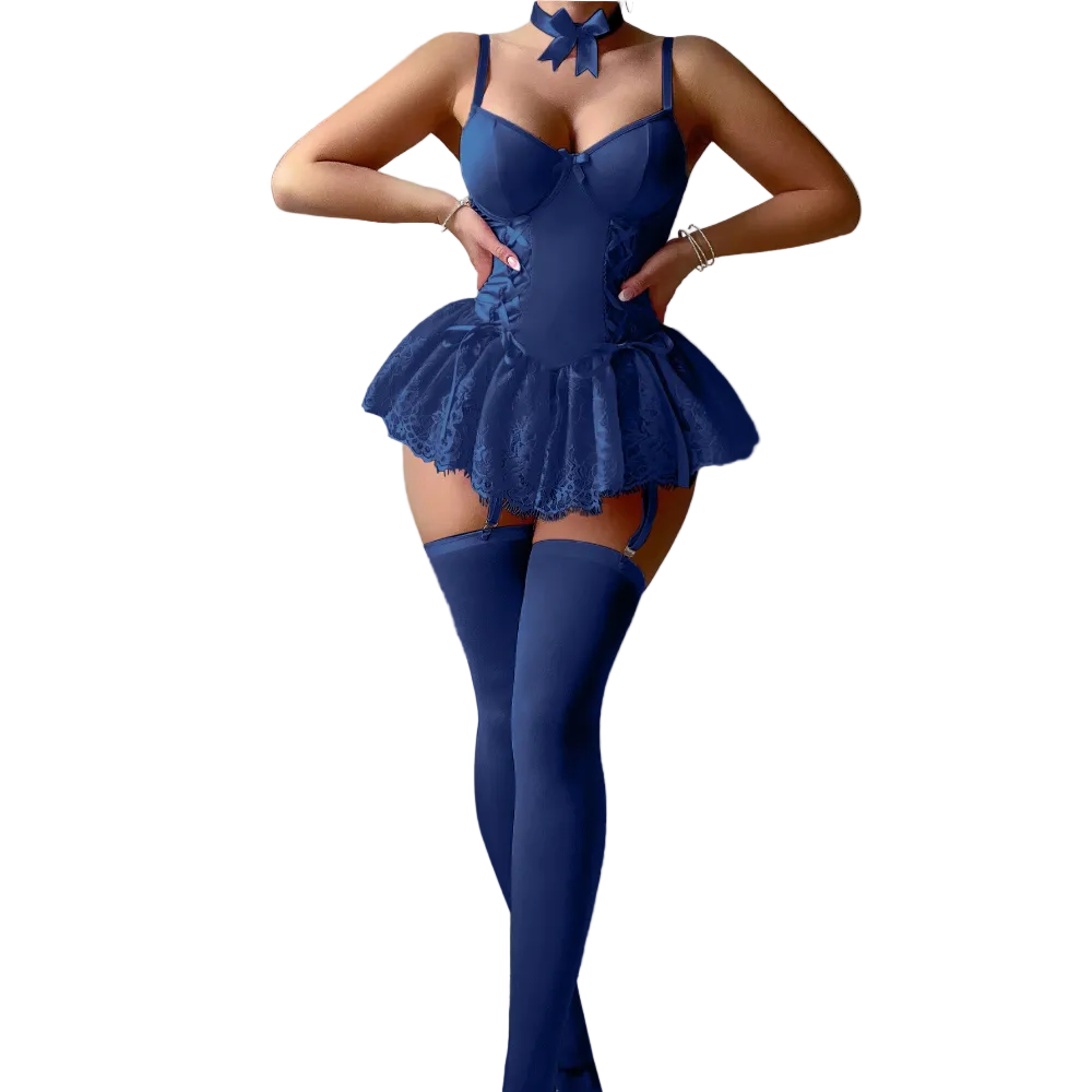 House Of Dasein Retro Pure Temptation Sexy Deep V Neck Lace Trim One Piece Dress Lingerie - Royal Blue - S