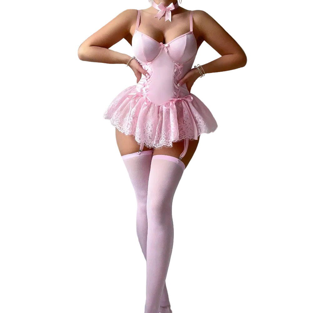 House Of Dasein Retro Pure Temptation Sexy Deep V Neck Lace Trim One Piece Dress Lingerie - Pink - Xxl