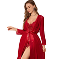Sexy Mesh Transparent Long Sleeve Nightgown Erotic Set For Women - Wine Red - Xl