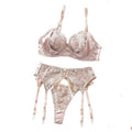 House Of Dasein Sexy Lingerie Set With Ribbon Splicing And Flower Embroidery Suspender Bra Suit - Apricot - S