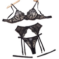 Sexy Bra Set Embroidered Mesh Splicing Underwear Garter Belt Four Piece - Black - L