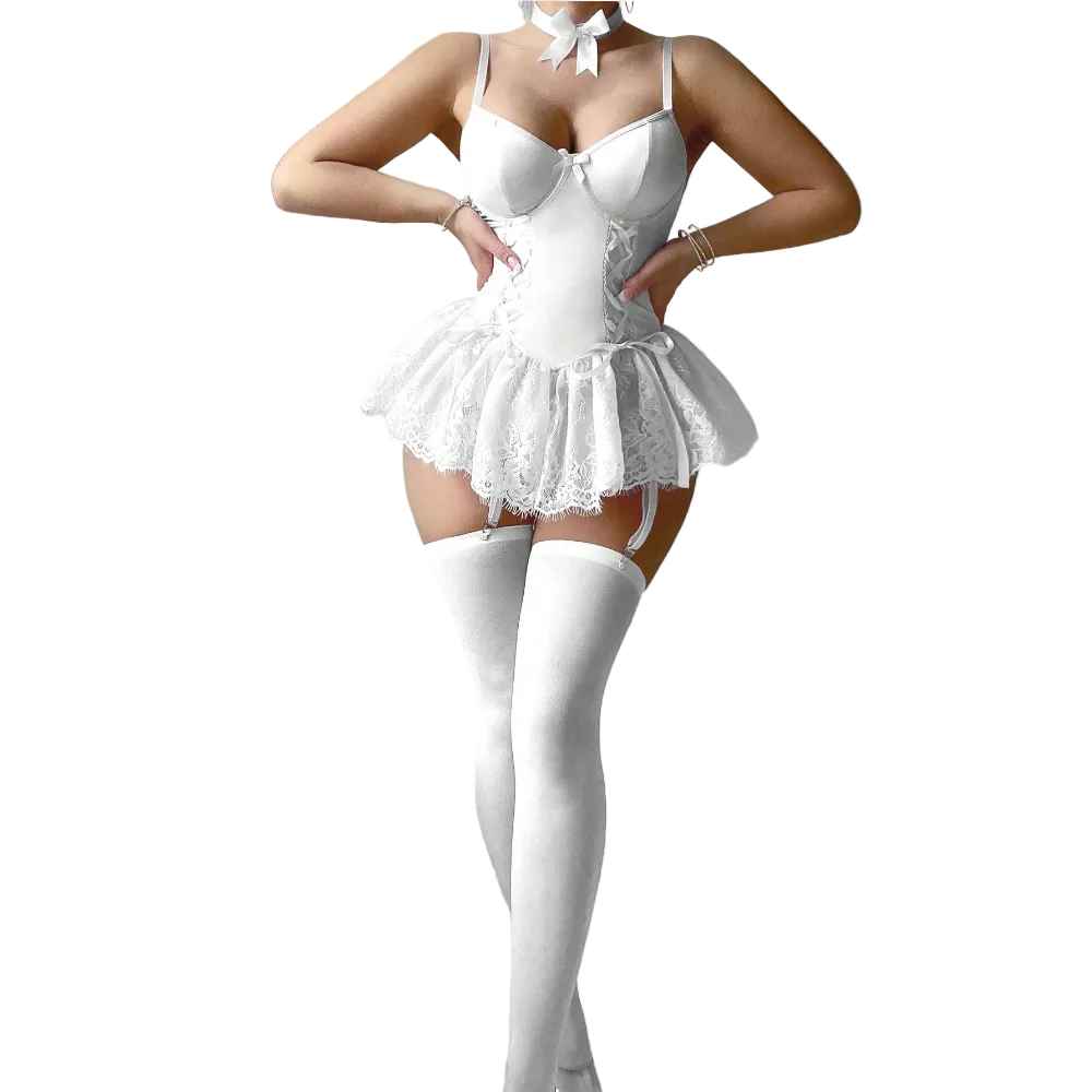 House Of Dasein Retro Pure Temptation Sexy Deep V Neck Lace Trim One Piece Dress Lingerie - White - L