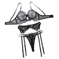 Perspective Embroidered Sexy Bra Set With Lace Underwear And Three Piece - Black - L