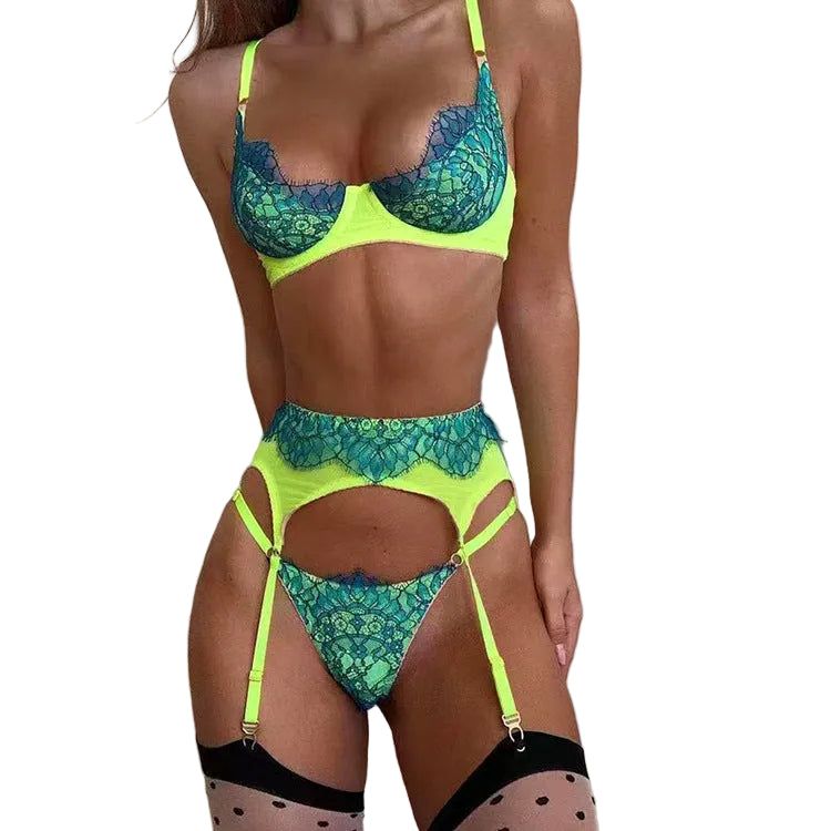 House Of Dasein Cross Border Wild Rose Three Color Lace Lingerie Set With Suspender Garter Belt Thong - Light Green - S