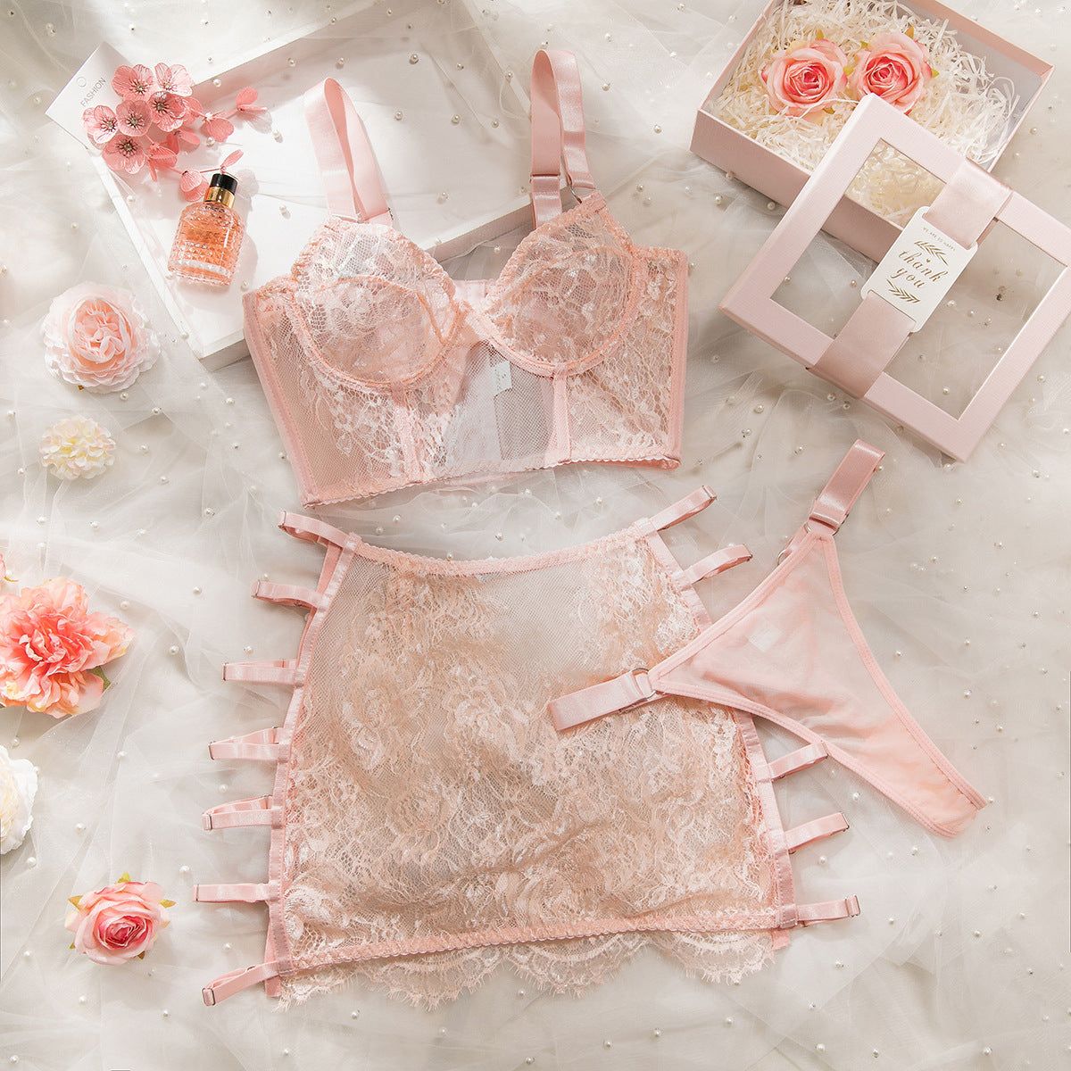 House Of Dasein High Elastic Lace Underwear Seductive 3D Tailored Slim Elegant Fashion Essential Lingerie Set - Pink - L