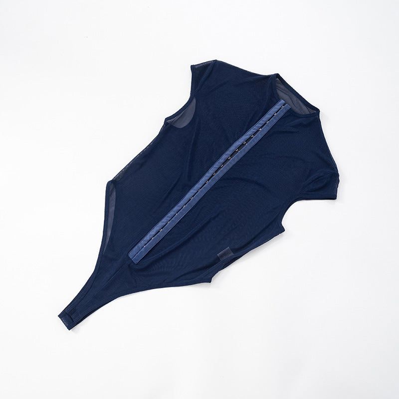 Women's Metal Buckle Sexy Perspective Slim Mesh Jumpsuit Blue - Blue - M