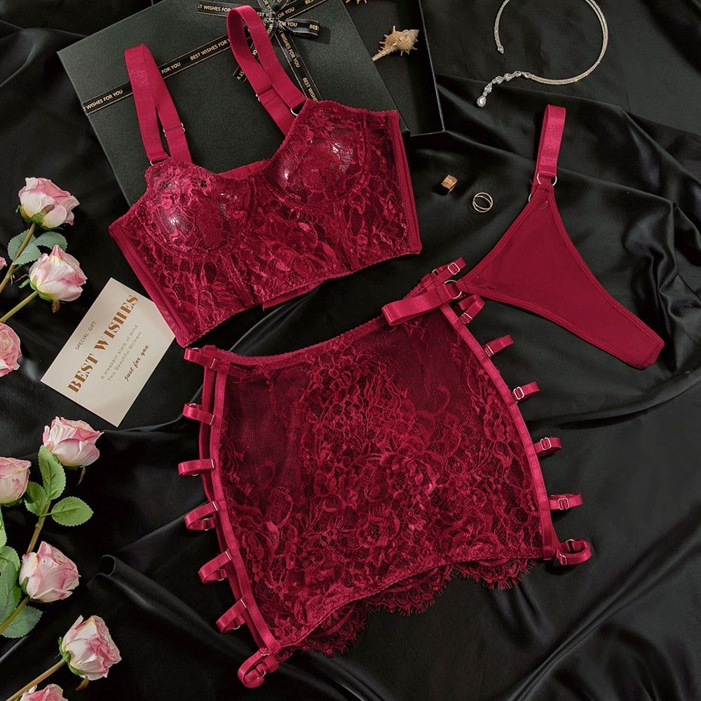 House Of Dasein High Elastic Lace Underwear Seductive 3D Tailored Slim Elegant Fashion Essential Lingerie Set - Wine Red - M