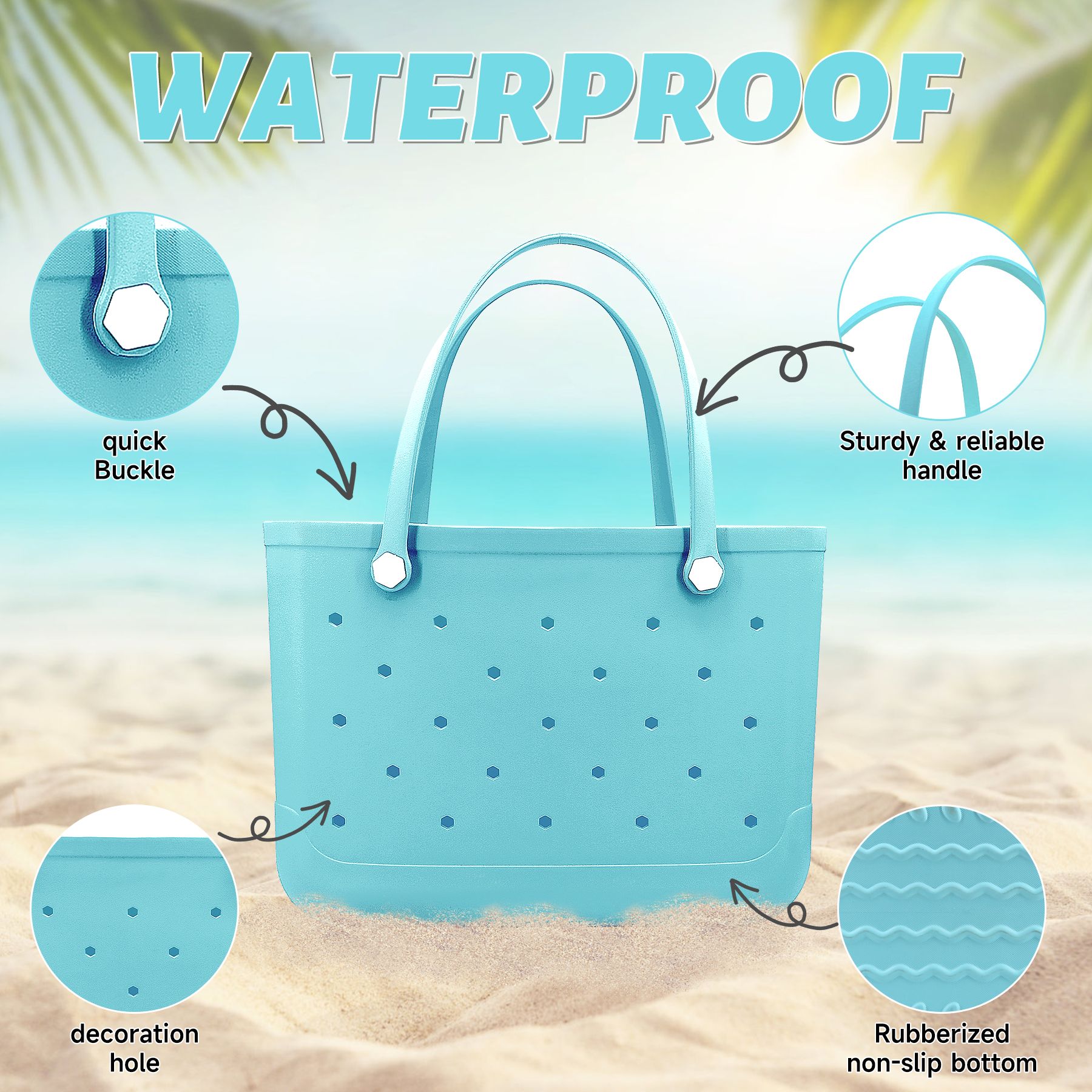 Waterproof Hexagon Mesh Beach Bag - Large Capacity Travel Storage Tote for Swimwear Towel Sunglasses - Lake Blue Large 48x34x24cm