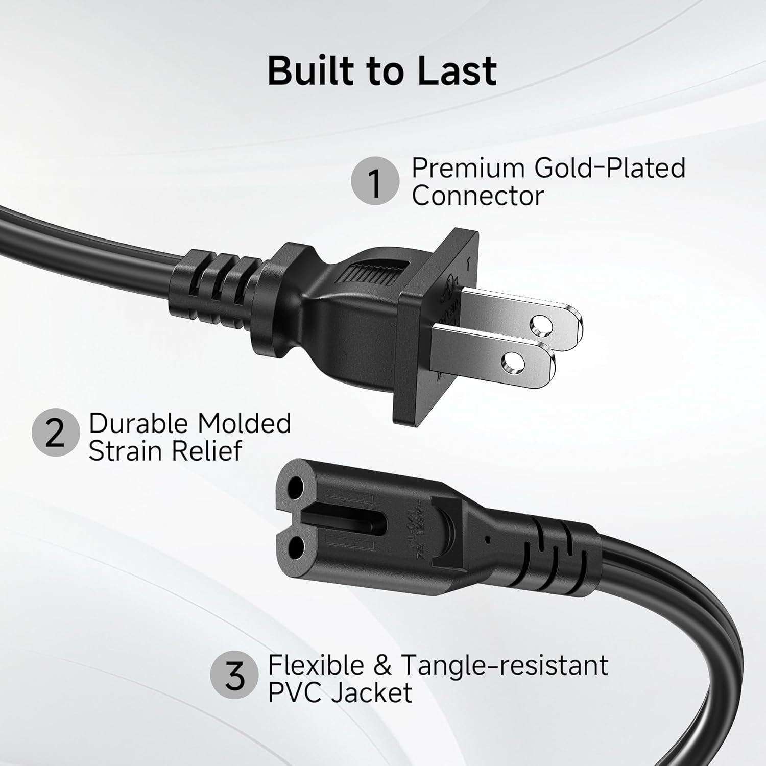 [UL Listed]  2-Pack 2 Prong TV Power Cord - 10ft, AC Power Cord, Non Polarized (NEMA 1-15P to IEC C7), Compatible with Samsung LG Sony Insignia TCL Sharp Toshiba Hisense TV PS4 PS5