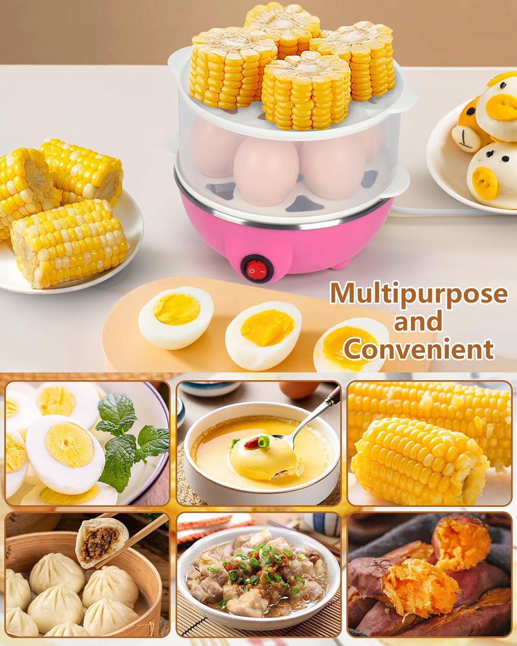 Electric Egg Cooker 14 Egg Capacity Double Layer with Timer Automatic Shut-Off 350W Multifunctional for Steaming Eggs Heating Milk Food Yellow