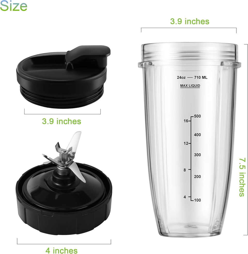Blender Replacement Parts for Ninja, 24oz Ninja Blender Cups with To-Go Lids, 7 Fins Extractor Blade, Compatible with Nutri Ninja Auto iQ Blenders BL2012 BN801 BL480-30 BL640-30 BL642-30 NN100-30