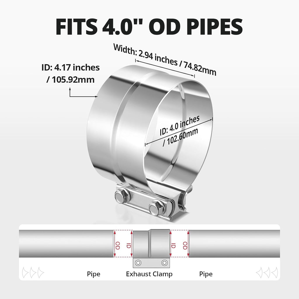 4.0'' Exhaust Clamp, Lap Joint Band Clamp Stainless Steel for Pipes, Mufflers, Catalytic Converters (1PCS, 4.0 inch)