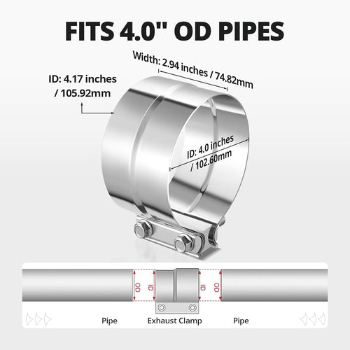 4.0'' Exhaust Clamp, Lap Joint Band Clamp Stainless Steel for Pipes, Mufflers, Catalytic Converters (1PCS, 4.0 inch)