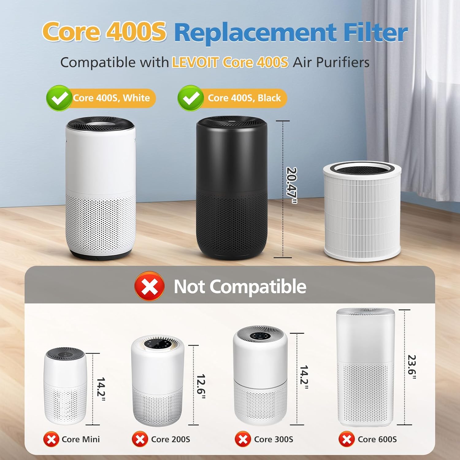 Core 400S-P Replacement Filter for LEVOIT Core 400S-P Smart Air Purifi-er, 3-IN-1 HEPA and Activated Carbon Filter, Compared to Part# Core 400S-RF(LRF-C401S-P-WUS), White (2 Pack)