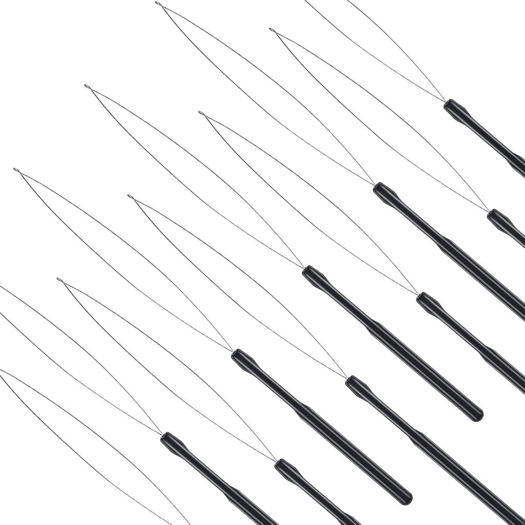 10 Pieces Hair Extension Loop Needle Threader Pulling Hook Tool and Bead Device Tool Black Loop Threader for Hair or Feather Extensions (Black)