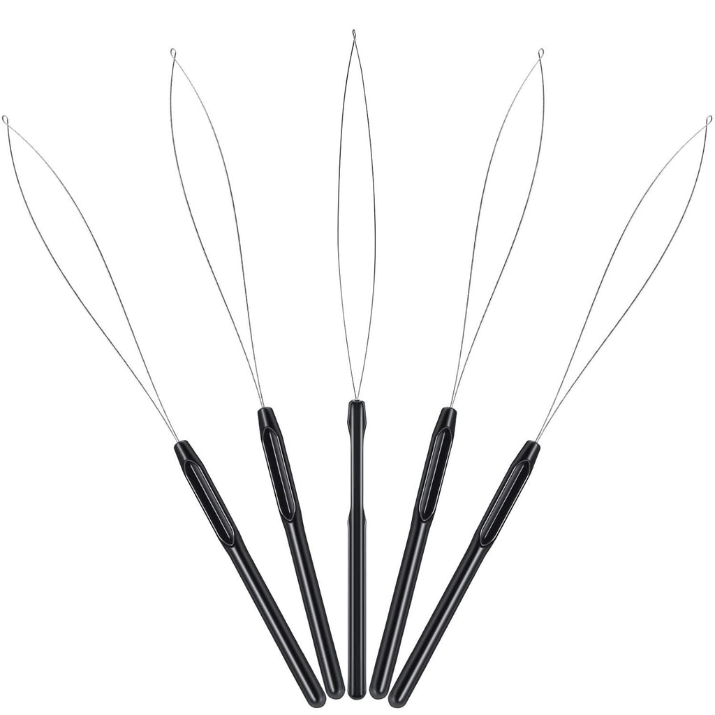 10 Pieces Hair Extension Loop Needle Threader Pulling Hook Tool and Bead Device Tool Black Loop Threader for Hair or Feather Extensions (Black)
