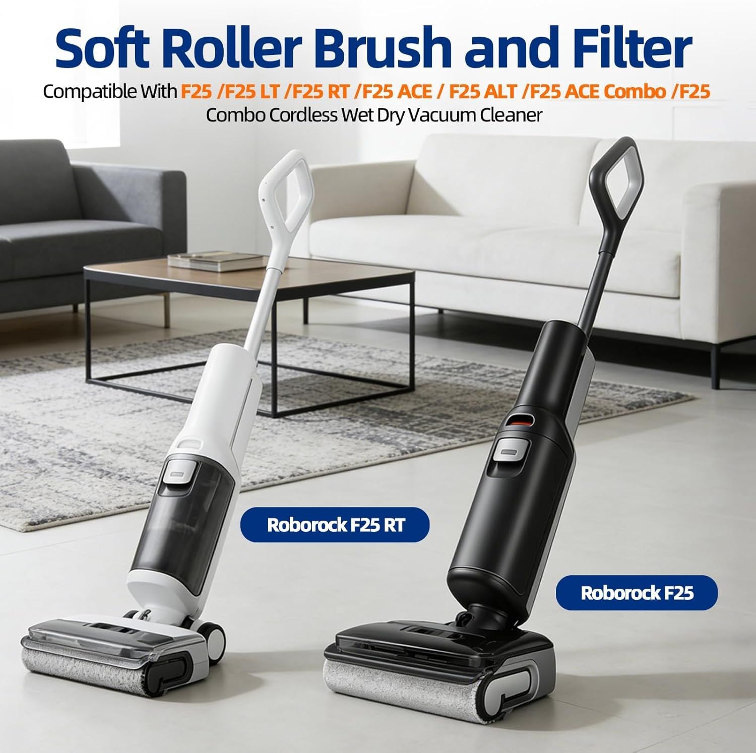 Soft Roller Brush and Vacuum Filter Replacement Compatible with Roborock F25/ F25 ACE/ F25 ALT/ F25 LT/ F25 RT Cordless Wet Dry Vacuum Cleaner, 2 Roller Brush + 6 Filters + 1 Cleaning Brush