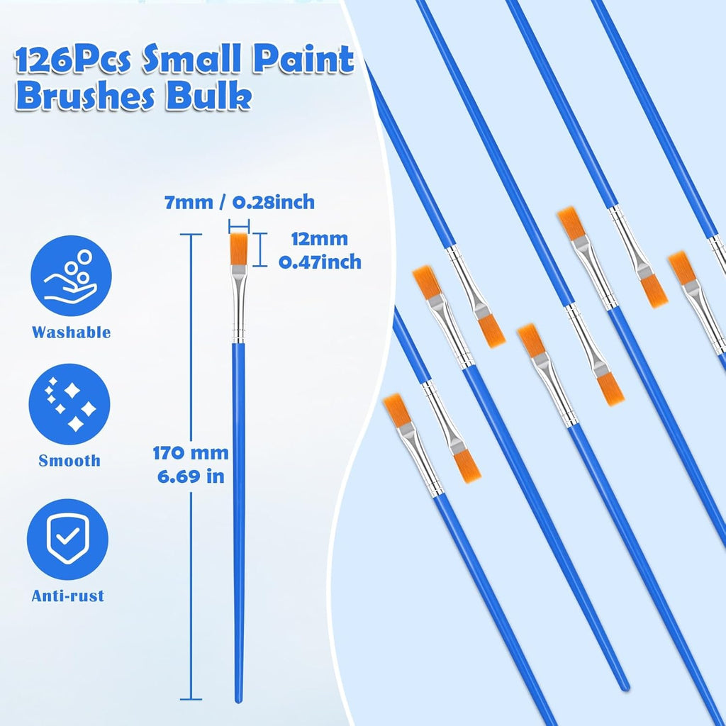 126 Pcs Flat Paint Brushes for Acrylic Painting, Small Paint Brushes Bulk, Kids Paint Brushes Set for Art Crafts Classroom Oil Watercolor Canvas Face Painting