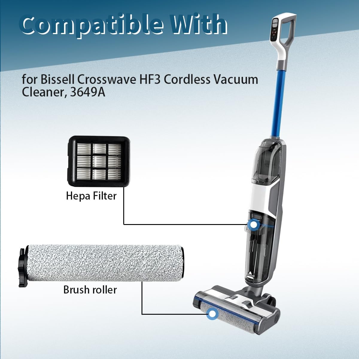 Replacement Brush Roller and HEPA Filters Kit Compatible with Bissell Crosswave HF3 Cordless Wet/Dry Vacuum Cleaner 3649A Model