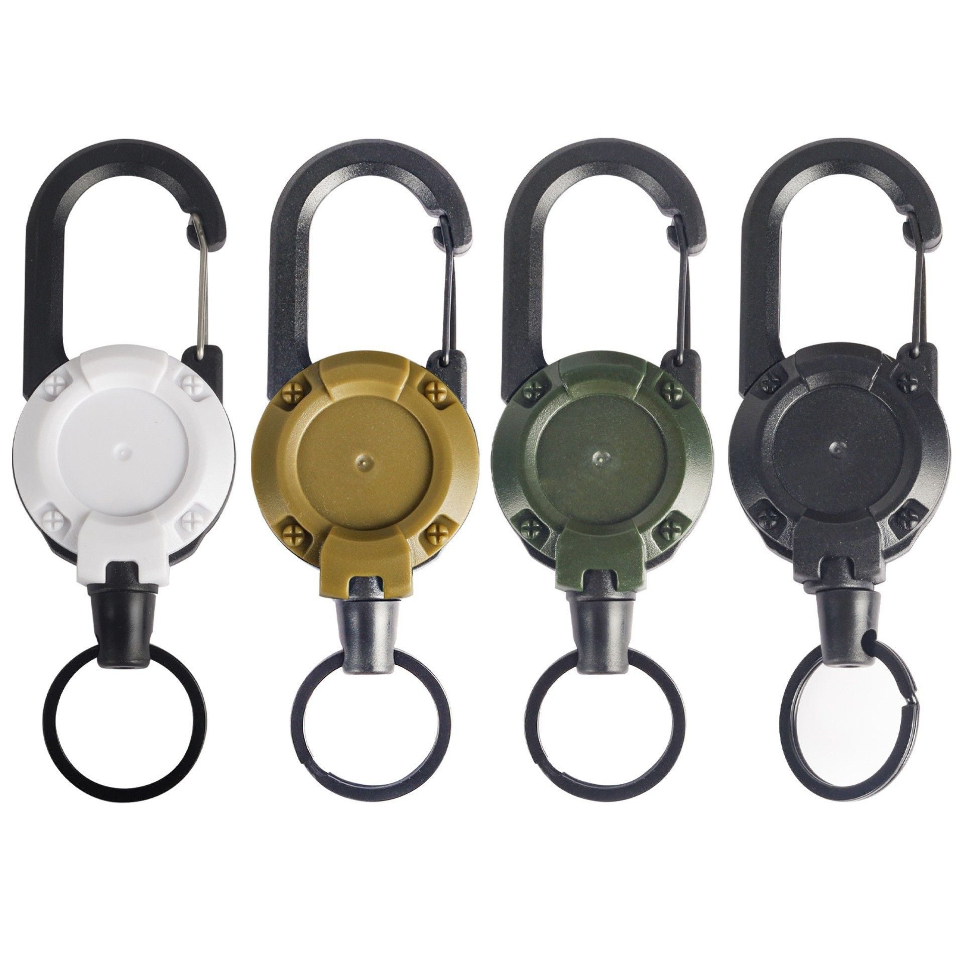 Retractable Gear Tether 4-Pack - Stainless Steel Cable Keychain Reel for Outdoor Fishing Hiking - Auto Retracting Badge Holder with Carabiner Clip - Black Khaki Green White