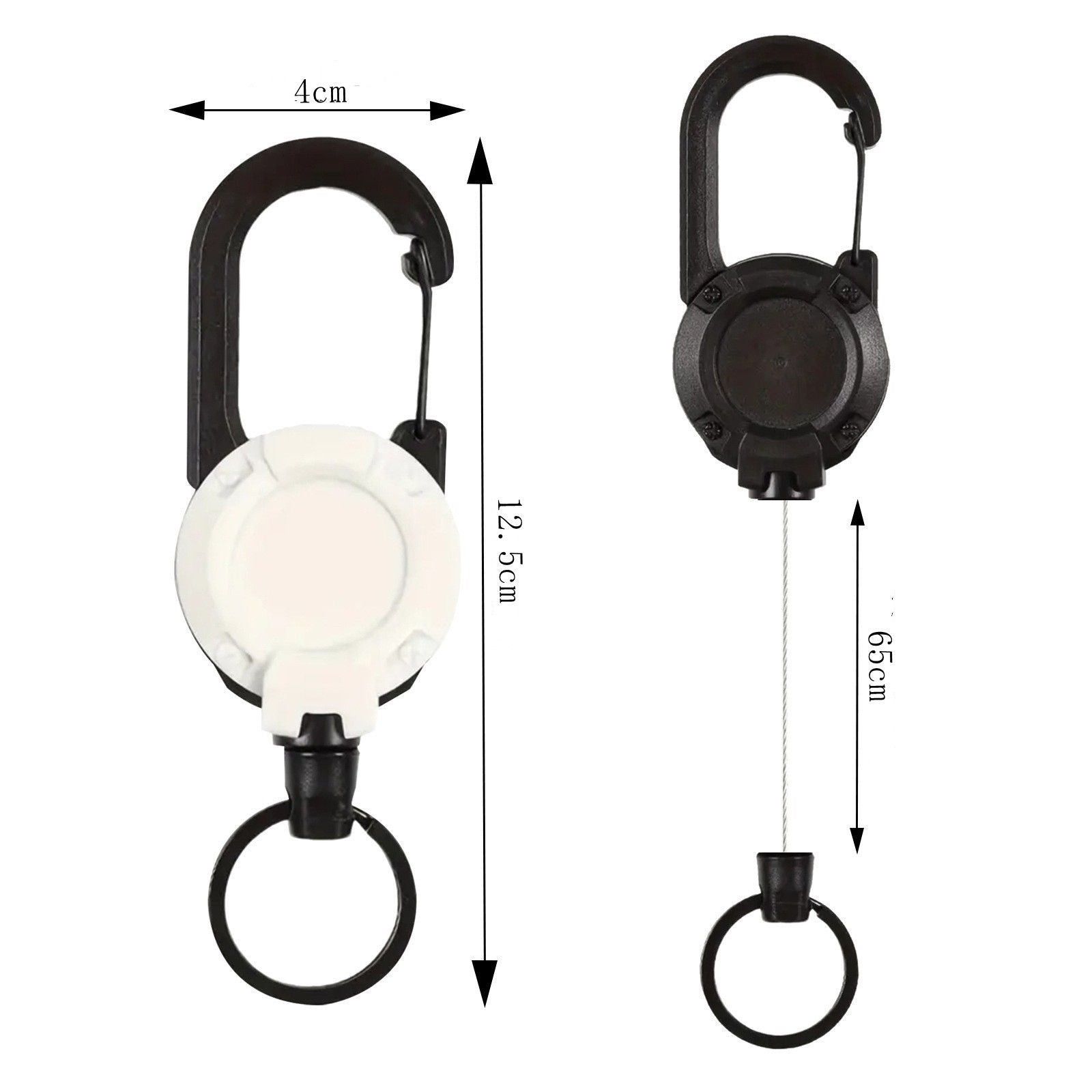 Retractable Gear Tether 4-Pack - Stainless Steel Cable Keychain Reel for Outdoor Fishing Hiking - Auto Retracting Badge Holder with Carabiner Clip - Black Khaki Green White