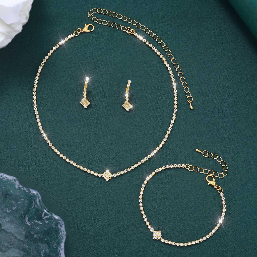 Bridal Zircon Jewelry Set 3-in-1 - Earrings Bracelet Necklace for Wedding Party - Crystal Shiny Bridal Jewelry Set for Women - Gold