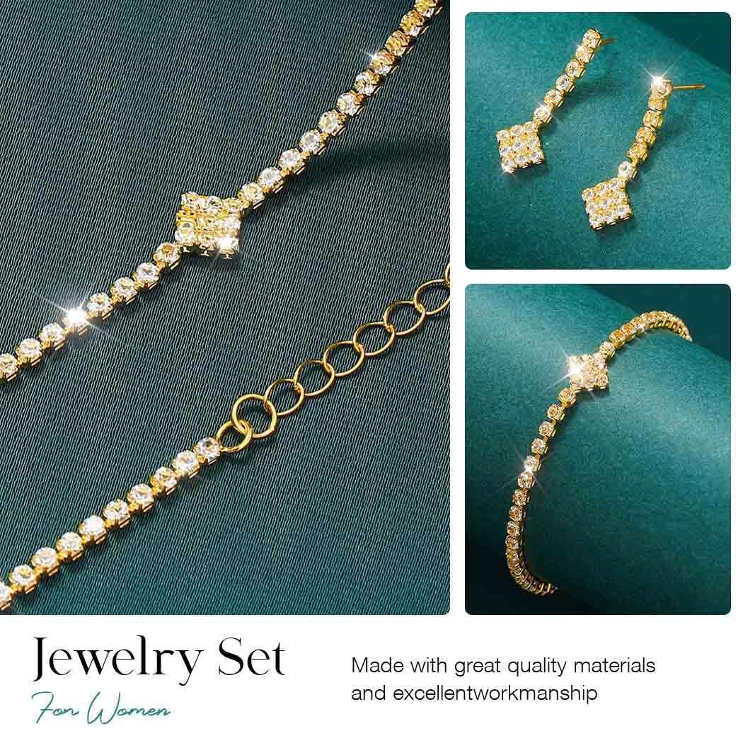Bridal Zircon Jewelry Set 3-in-1 - Earrings Bracelet Necklace for Wedding Party - Crystal Shiny Bridal Jewelry Set for Women - Gold