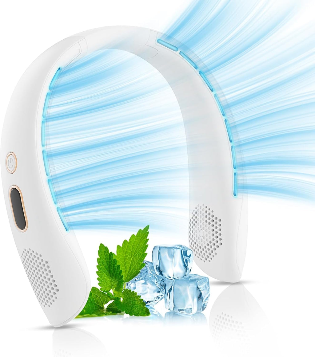 Portable Neck Fan, Hands Free Bladeless Neck Fan Rechargeable 3 Speeds & LCD Display, Battery Operated Wearable Personal Fan, 360° Cooling Hanging Neck Fan for Outdoor Indoor Travel Sport (White)