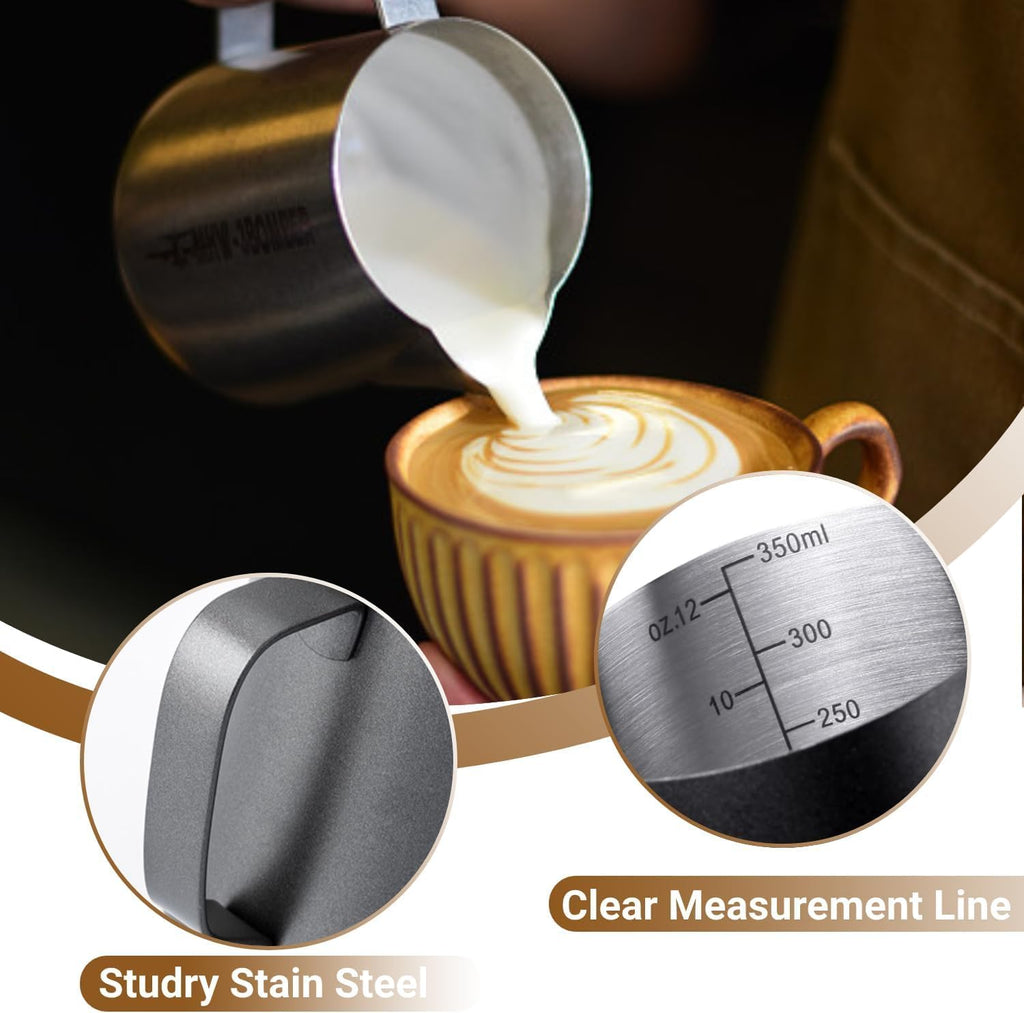 Melkopschuimpot - 350 ml stainless steel milk frothing jug for milk, coffee, cappuccino, latte art, barista frothing jug with decorative pen [black]
