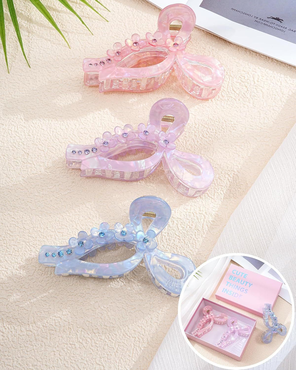 4.3" Acrylic Bow Hair Clips or Women Cute Bow Claw Clip 3PCS Large Hair Claw Clips or Thick or Long Hair Bows (Pink + Blue + Purple)