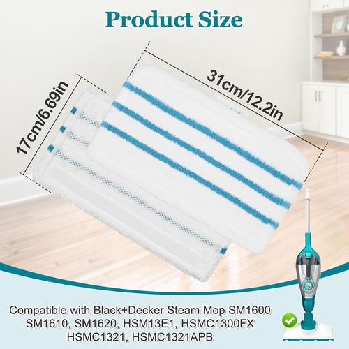 4Pack Steam Mop Pads Replacement or Black+Decker Steam Mop SM1600, SM1610, SM1620, HSM13E1, HSMC1300X, HSMC1321, HSMC1361SG Cleaner Black and Decker Steam Mop Replacement Pads