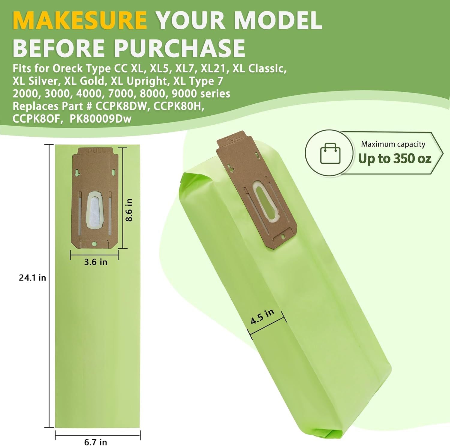 8 Pack Vacuum Bags Replacement or Oreck Type CC XL XL2 XL7 XL21 Upright Vacuum Cleaners, it or All Oreck XL Upright Vacuums, Replaces Part # CCPK8DW, CCPK8, AK1CC6A