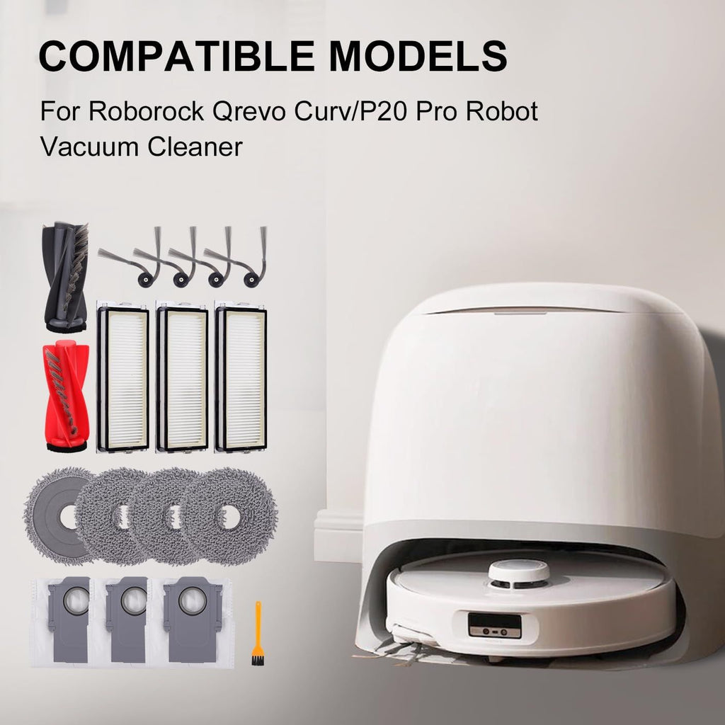 Replacement Parts Accessories Kit or  Qrevo S5V/Qrevo Curv/Qrevo Curv S5X/Qrevo Edge S5A Series Robot Vacuum Cleaner - 1 Main Brush, 3 HEPA ilters, 3 Dust Bags, 4 Mop Pads, 4 Side Brushes