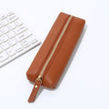 Leather Pencil Case - Korean Style Zipper Stationery Bag for Students and Office - Large Capacity Pen Organizer Pouch - Light Brown